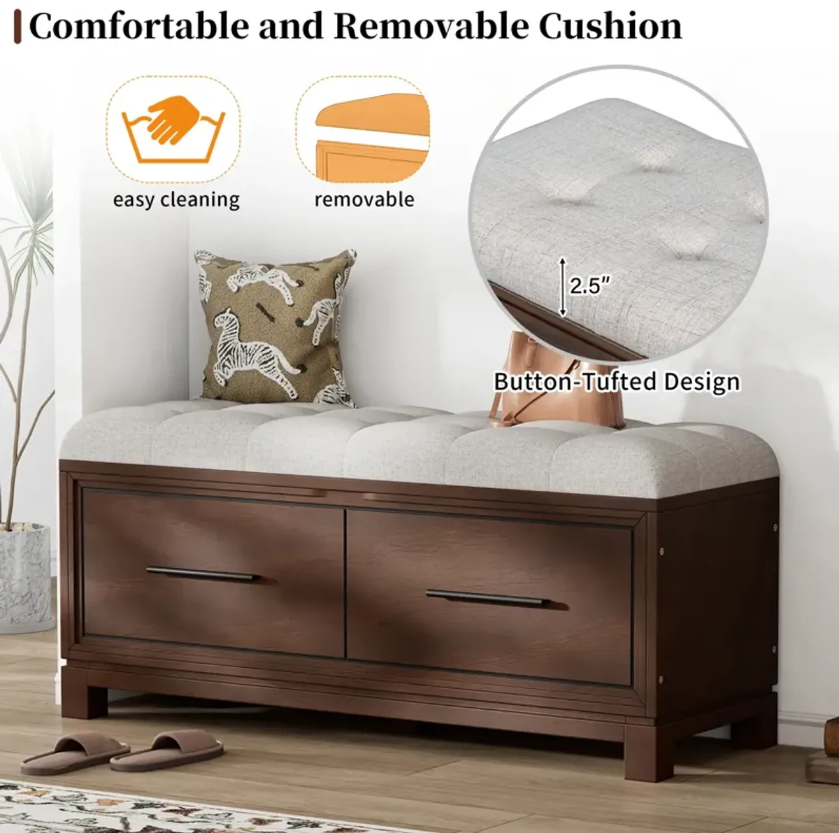 Clihome Shoe Bench with Removable Cushion, Entryway Bench with Hidden Storage for Living Room, Entryway, and Hallways (Natural)
