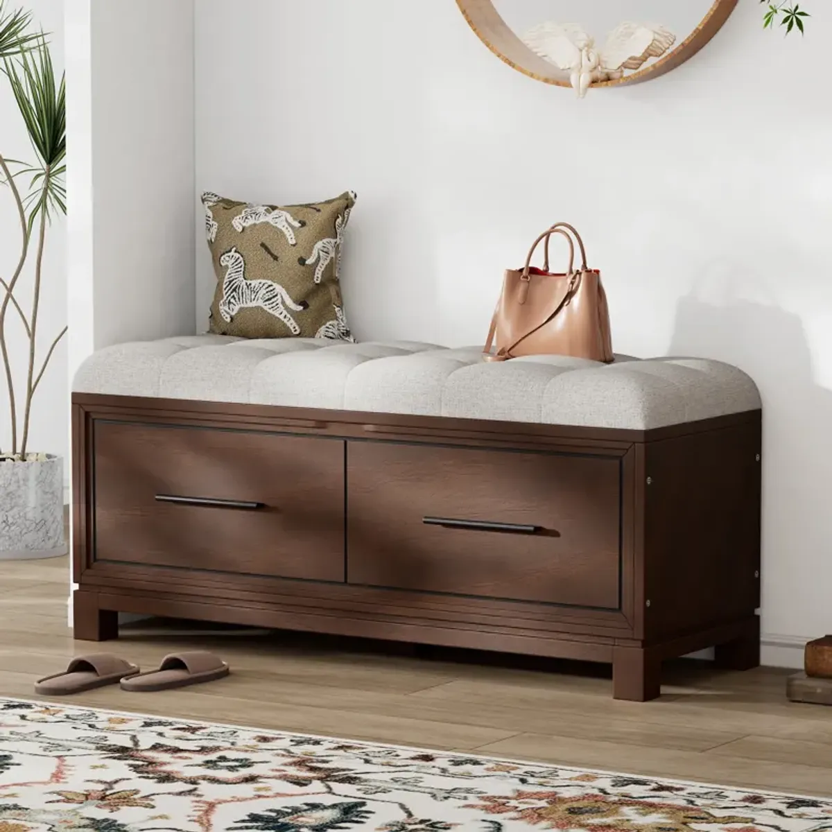 Clihome Shoe Bench with Removable Cushion, Entryway Bench with Hidden Storage for Living Room, Entryway, and Hallways (Natural)