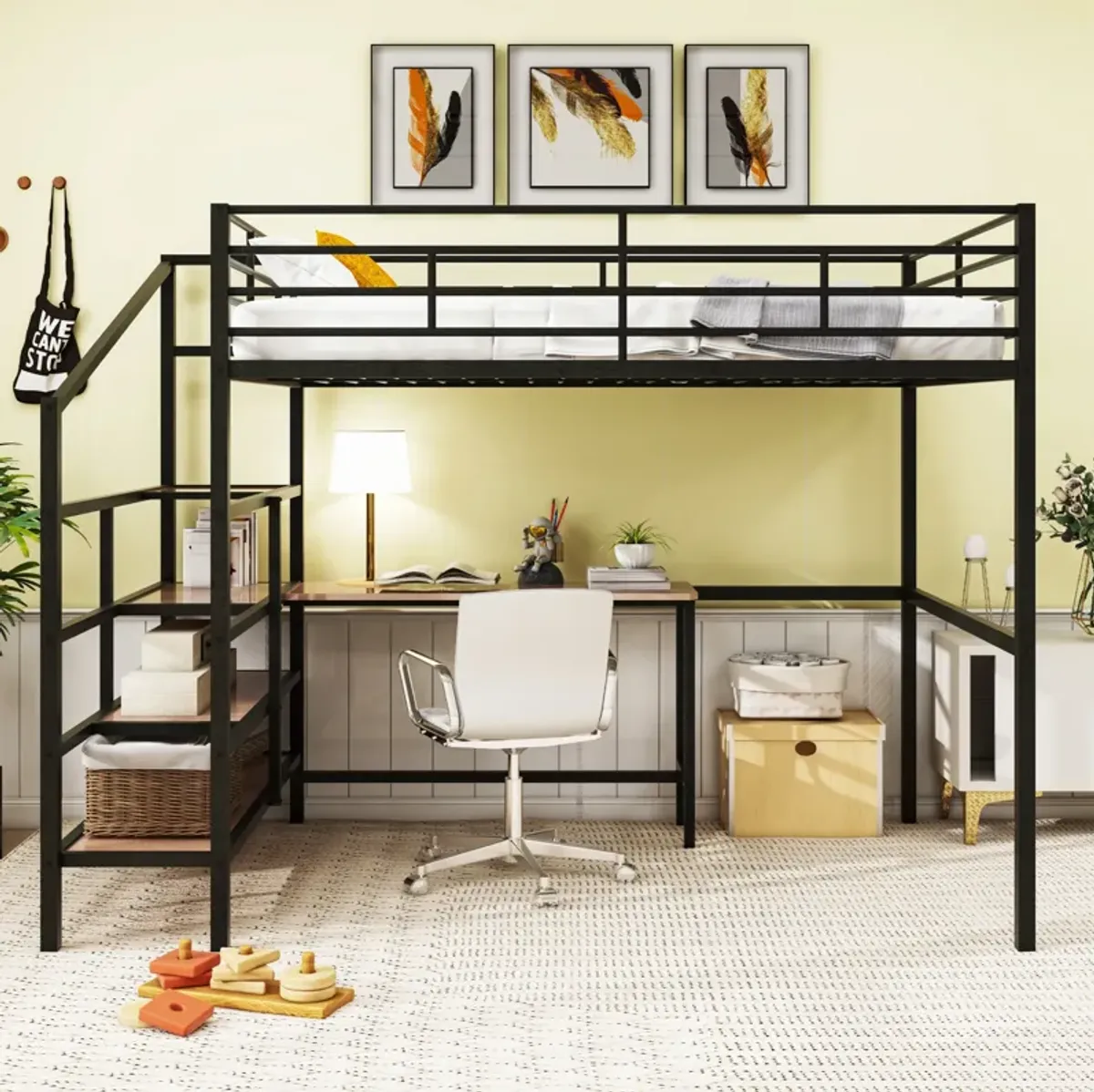 Merax Metal Loft Bed with Desk and Storage Ladder