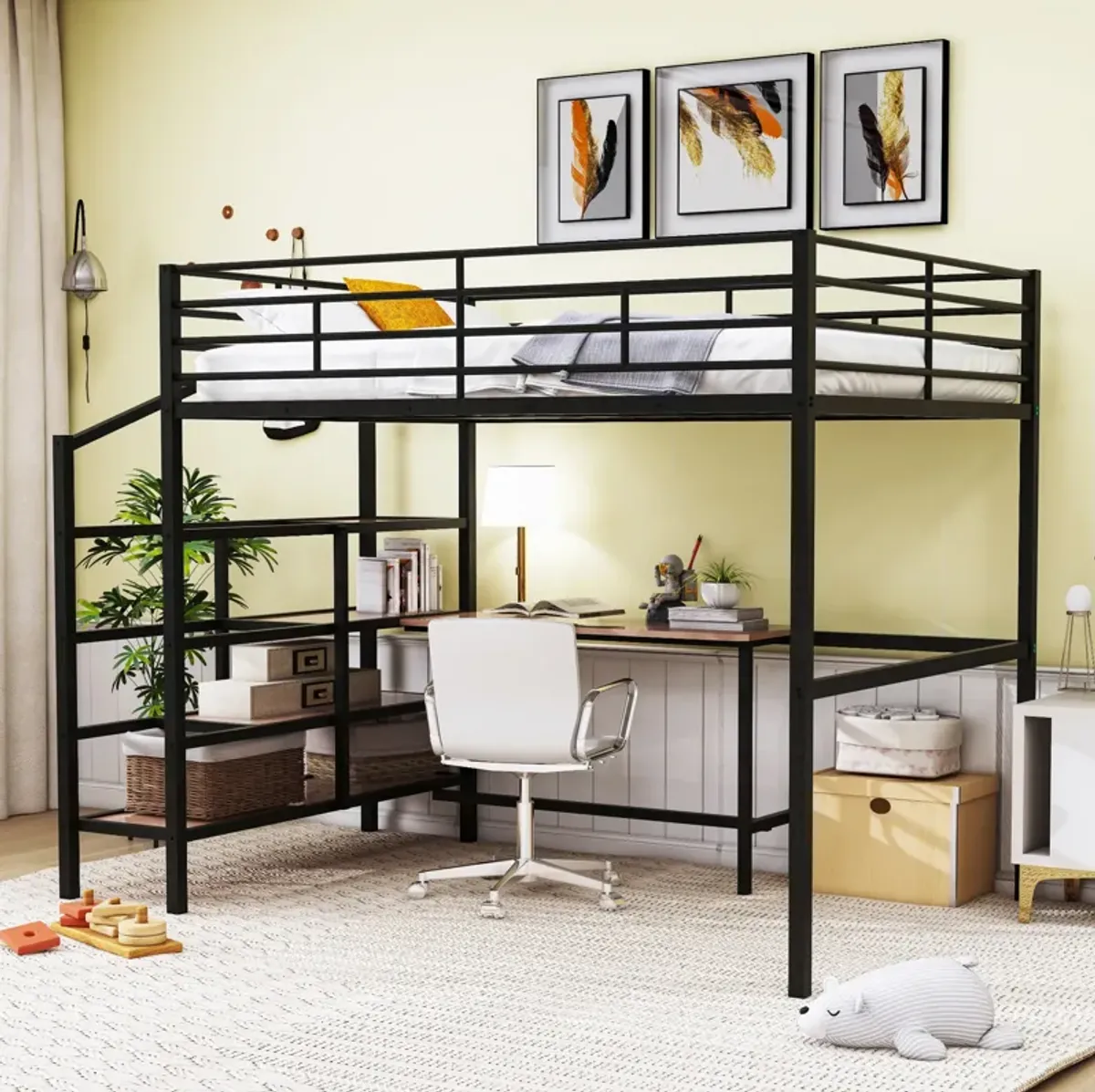 Merax Metal Loft Bed with Desk and Storage Ladder