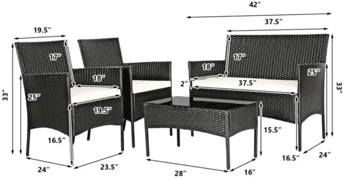 Hivvago 4 Pieces Patio Rattan Cushioned Sofa Set with Tempered Glass Coffee Table