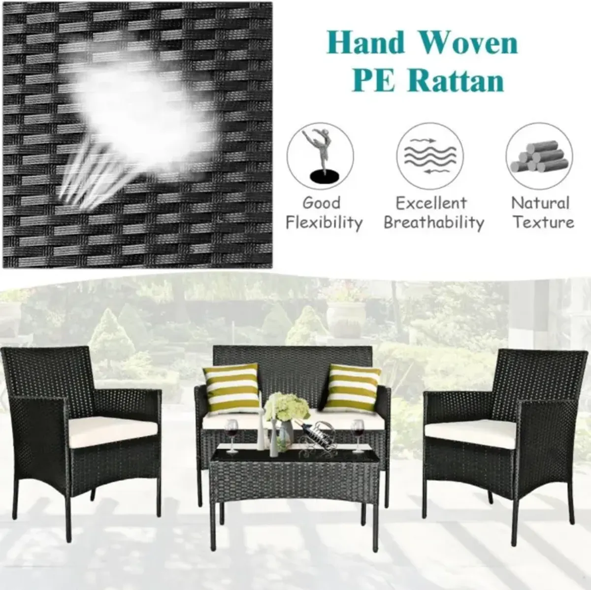 Hivvago 4 Pieces Patio Rattan Cushioned Sofa Set with Tempered Glass Coffee Table