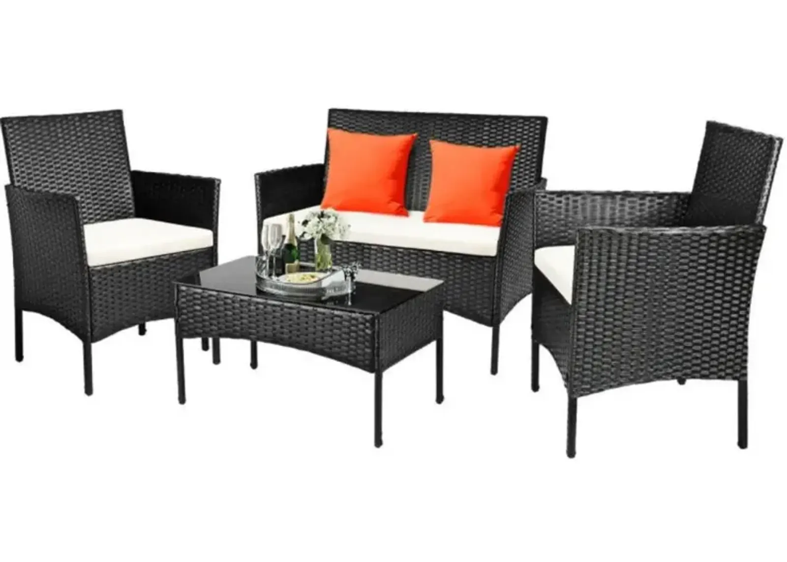 Hivvago 4 Pieces Patio Rattan Cushioned Sofa Set with Tempered Glass Coffee Table