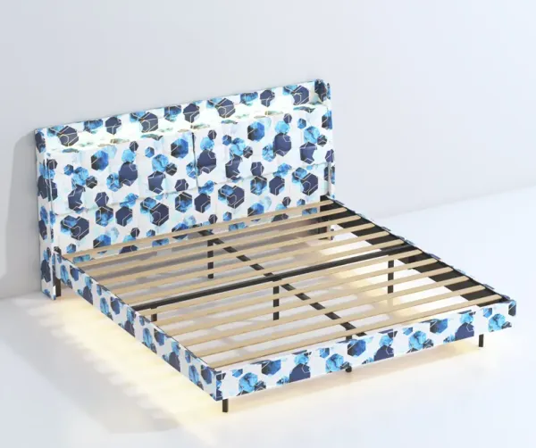 MONDAWE Queen Floating Bed Frame with LED Light and Charging Station with Headboard and Hidden Storage Space