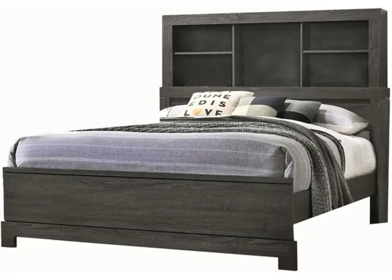 Wooden Queen Size Low Profile Size Bed with Bookcase Headboard