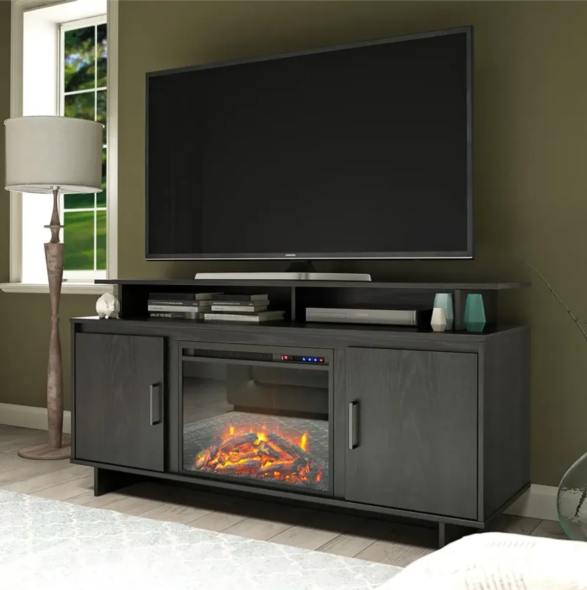 Ameriwood Home Merritt Avenue Electric Fireplace Space Heater TV Console with Storage Cabinets for TVs up to 74"