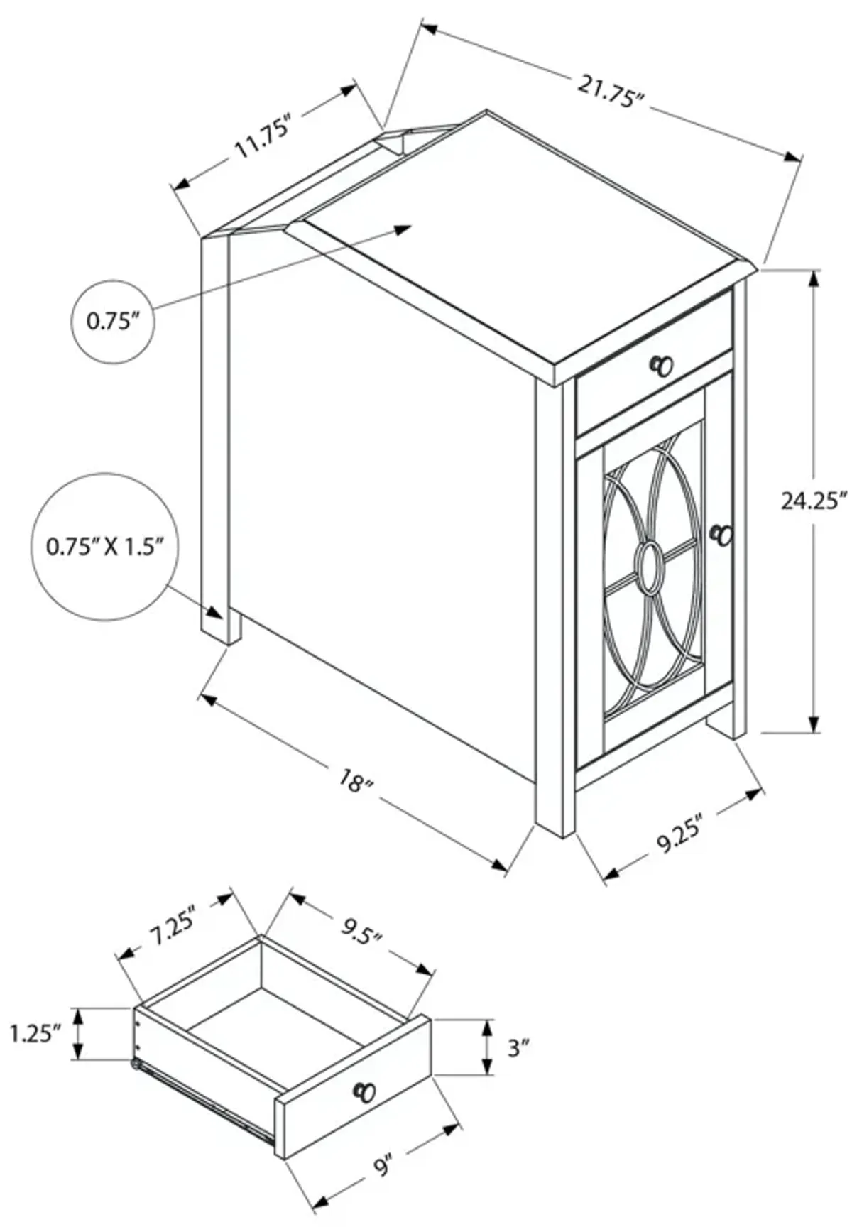 Monarch Specialties I 3972 - Accent Table, Side Table, End, Narrow, Nightstand, Bedroom, Storage Drawer, Lamp, Brown Veneer, Traditional