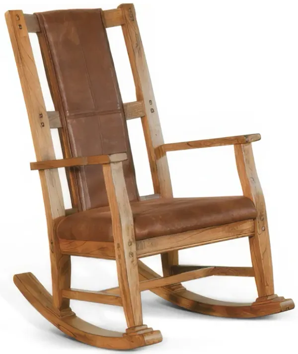 Marv Rocking Chair with Faux Leather Seat and Back, Rustic Oak Brown - Benzara