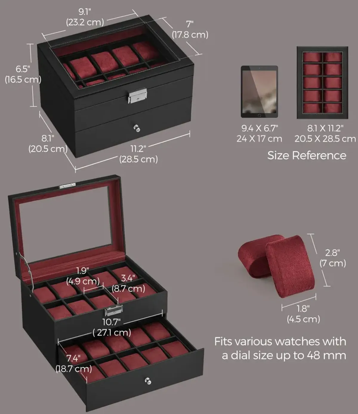 20-Slot Watch Storage Box with Glass Display Lid and Secure Lock