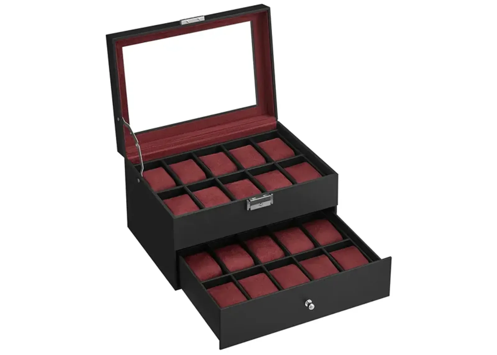 20-Slot Watch Storage Box with Glass Display Lid and Secure Lock