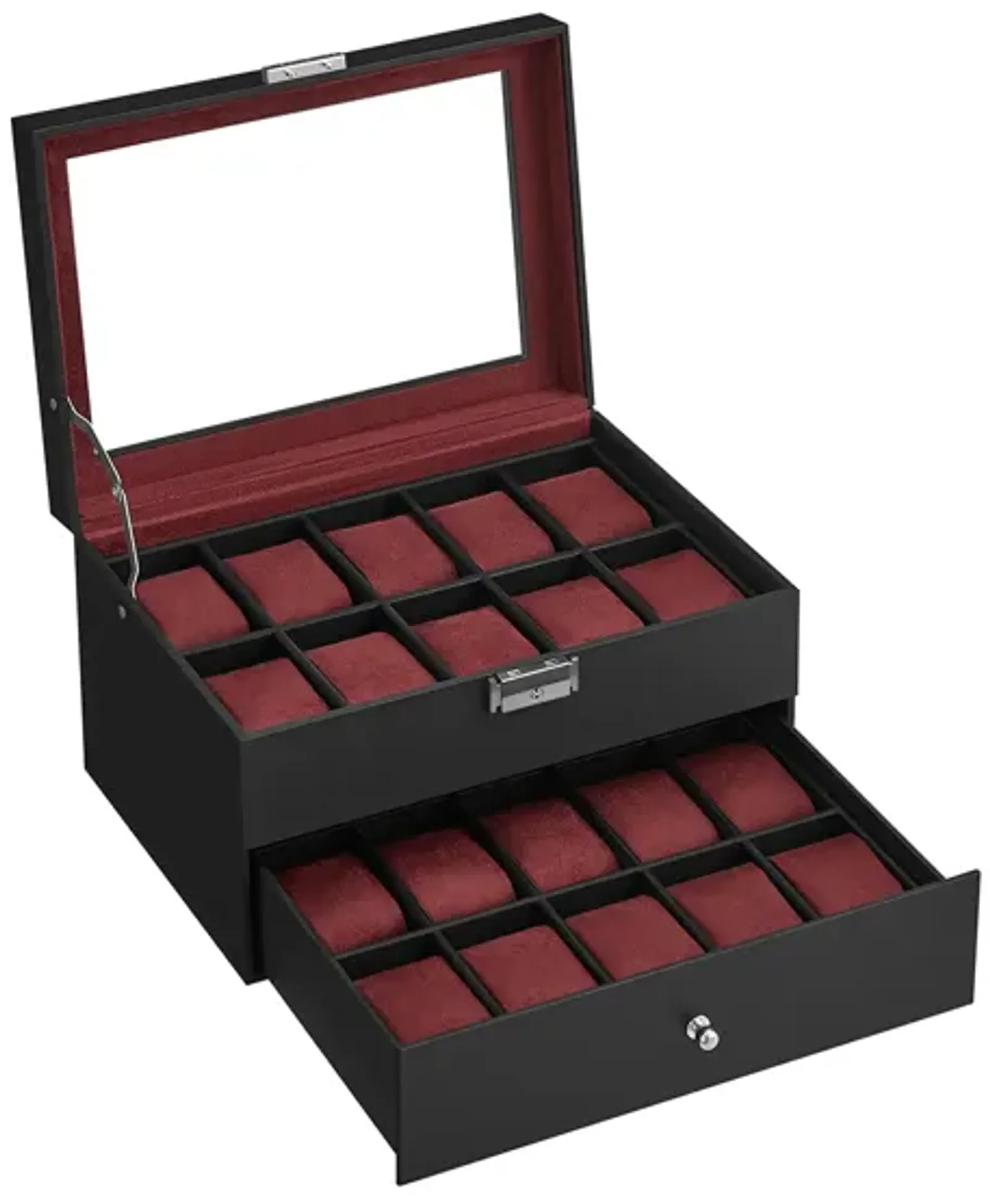 20-Slot Watch Storage Box with Glass Display Lid and Secure Lock