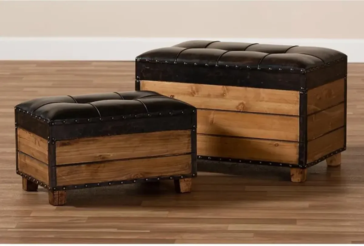 Leather Upholstered 2-Piece Wood Storage Trunk Ottoman Set