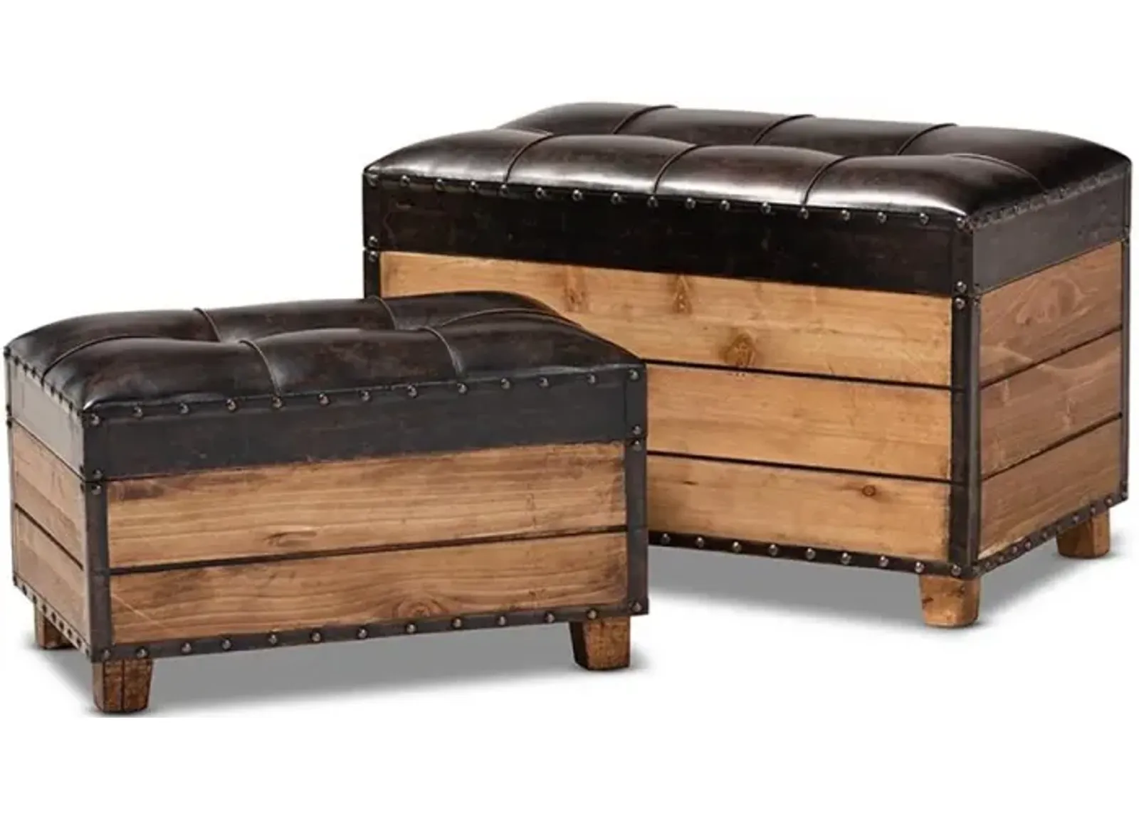 Leather Upholstered 2-Piece Wood Storage Trunk Ottoman Set