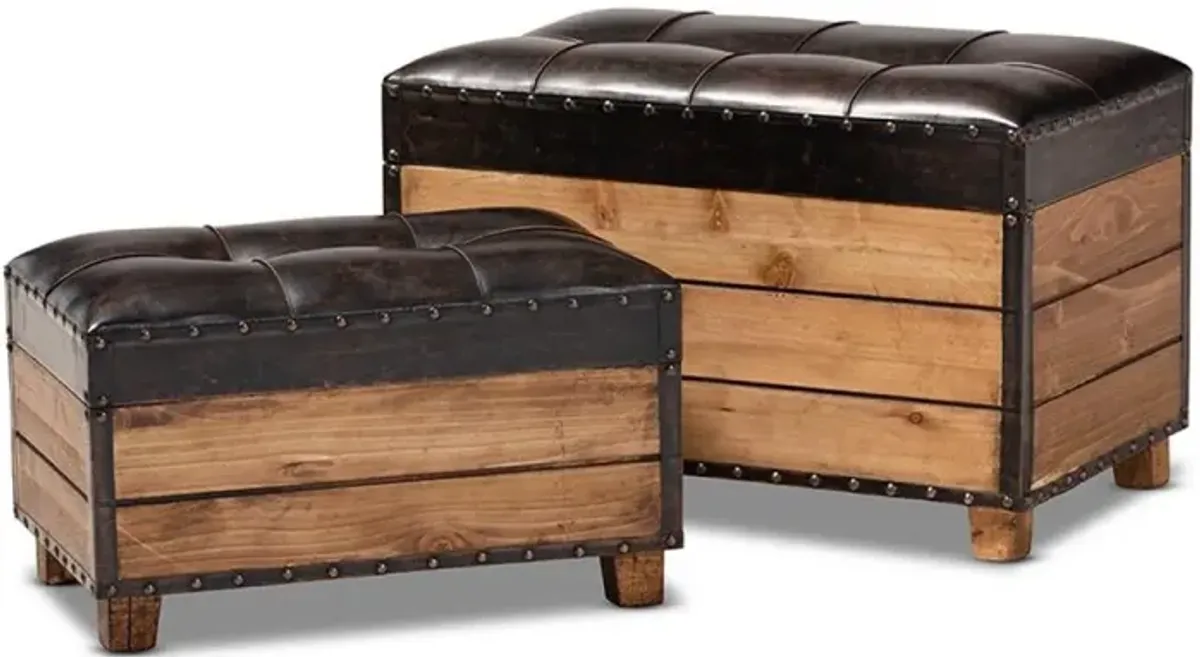 Leather Upholstered 2-Piece Wood Storage Trunk Ottoman Set