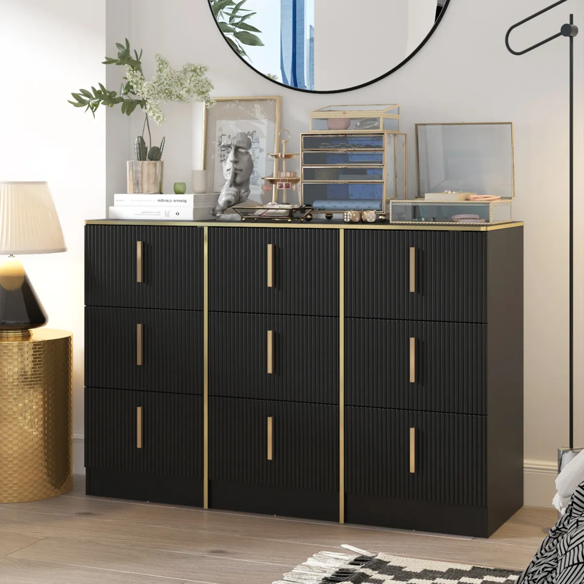 47.3” Wide 9 Drawer Dresser With Black Finish For Bedroom In Black