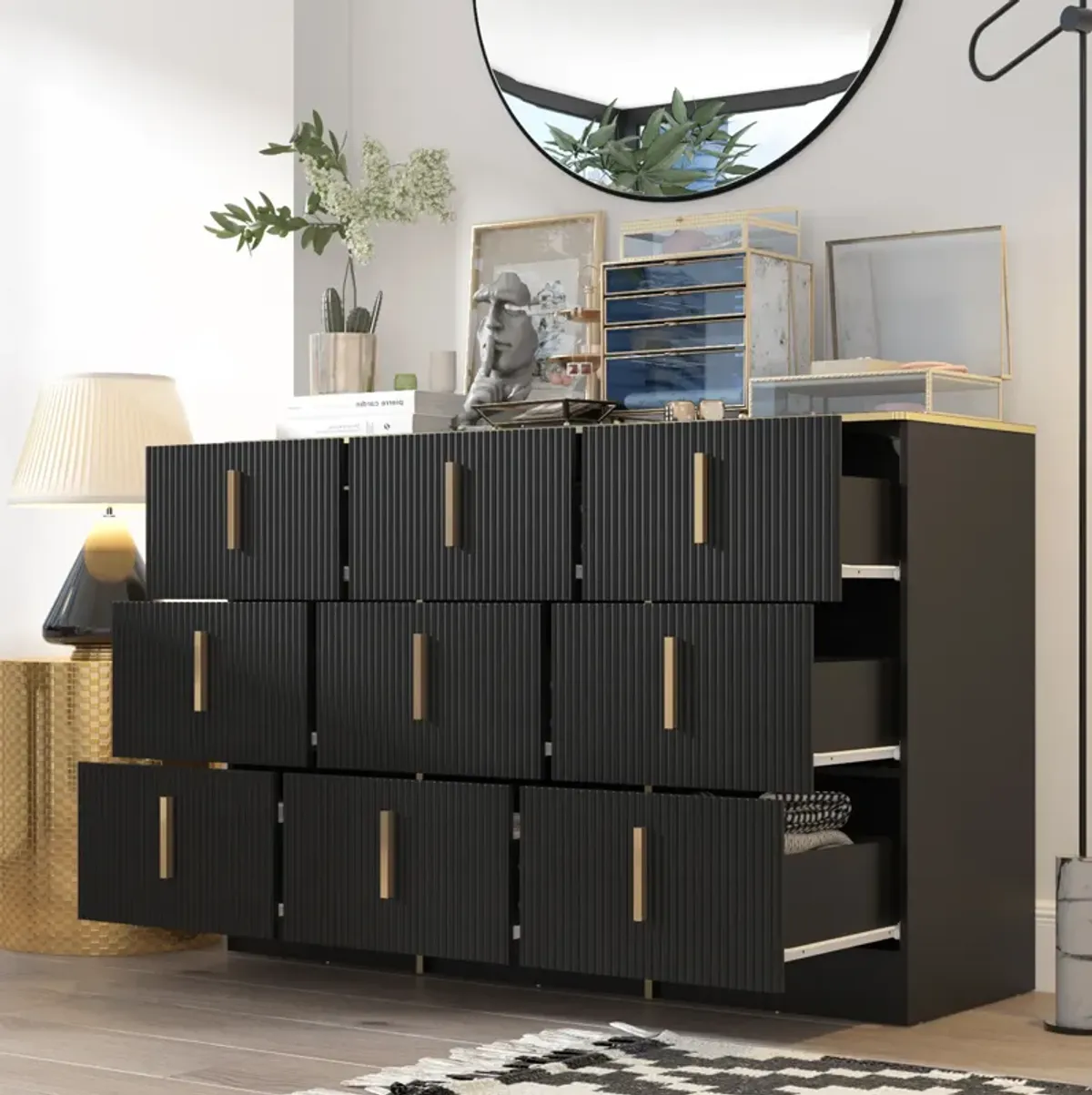 47.3” Wide 9 Drawer Dresser With Black Finish For Bedroom In Black