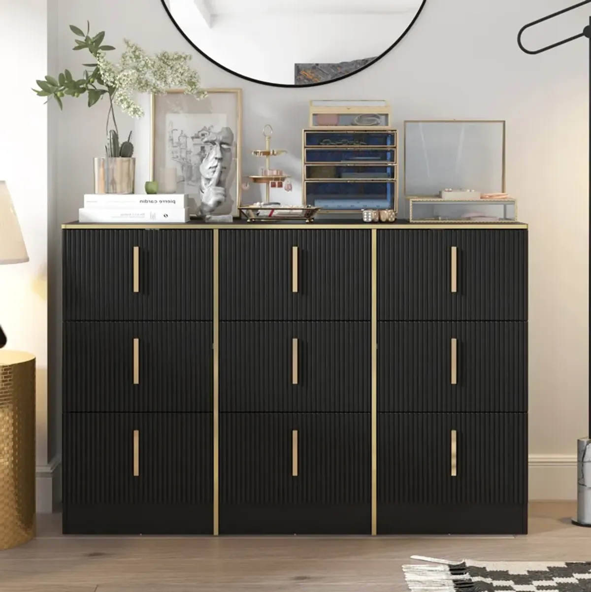 47.3” Wide 9 Drawer Dresser With Black Finish For Bedroom In Black