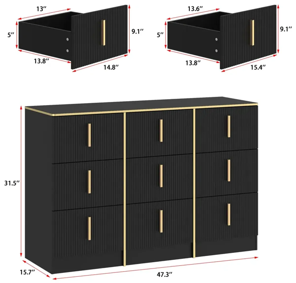 47.3” Wide 9 Drawer Dresser With Black Finish For Bedroom In Black