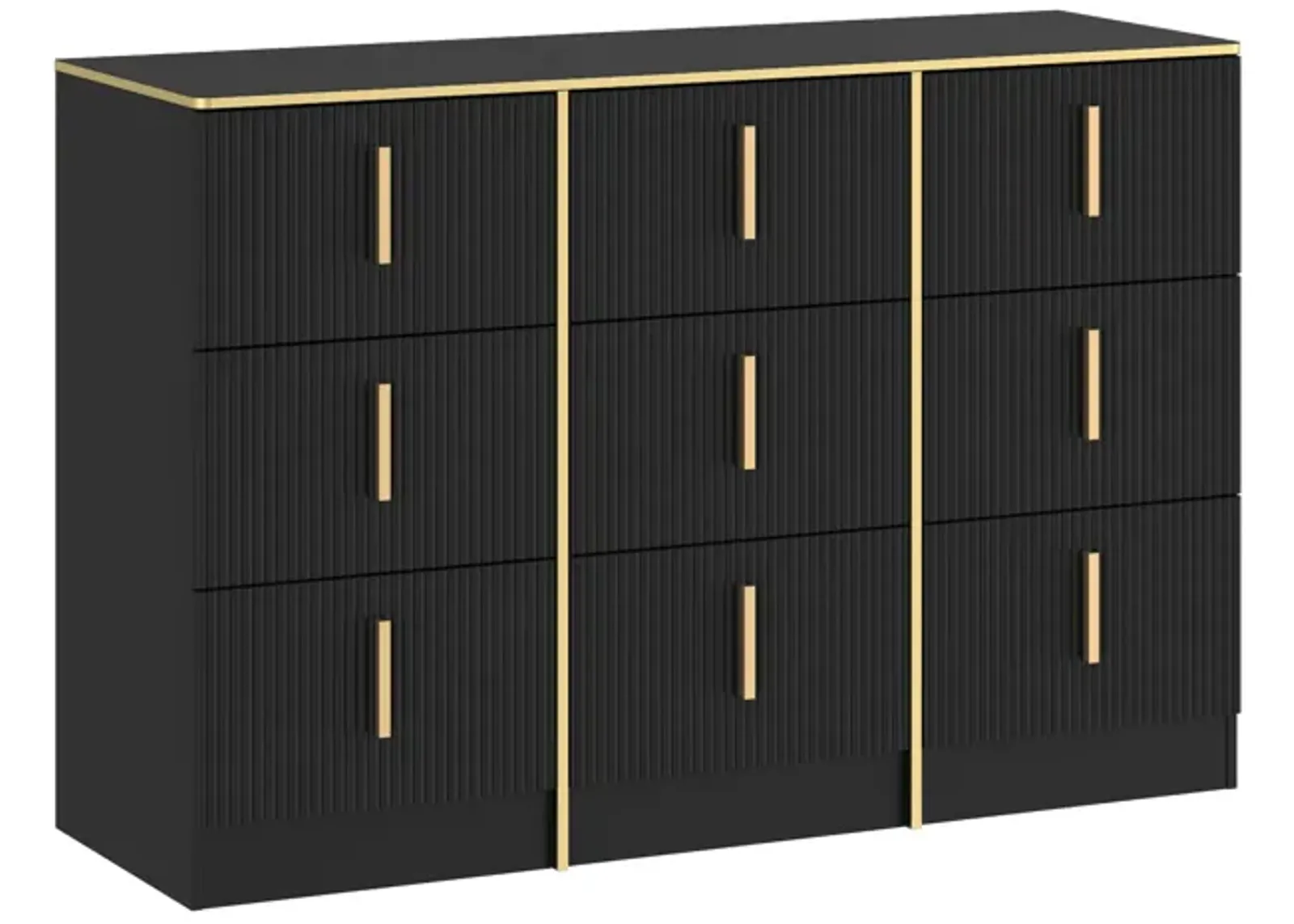 47.3” Wide 9 Drawer Dresser With Black Finish For Bedroom In Black