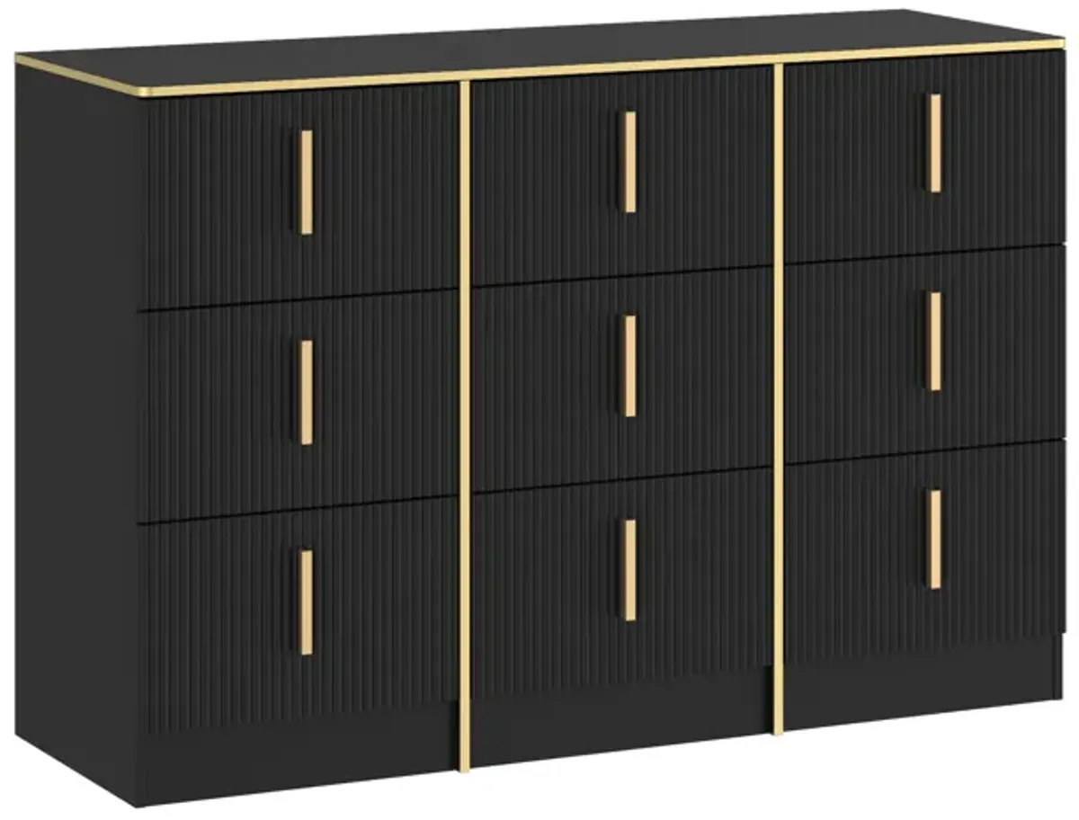 47.3” Wide 9 Drawer Dresser With Black Finish For Bedroom In Black