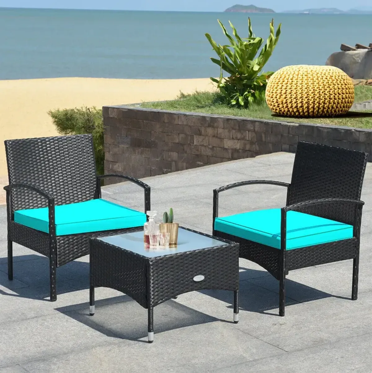 3 Pieces Patio Wicker Rattan Furniture Set with Cushion for Lawn Backyard