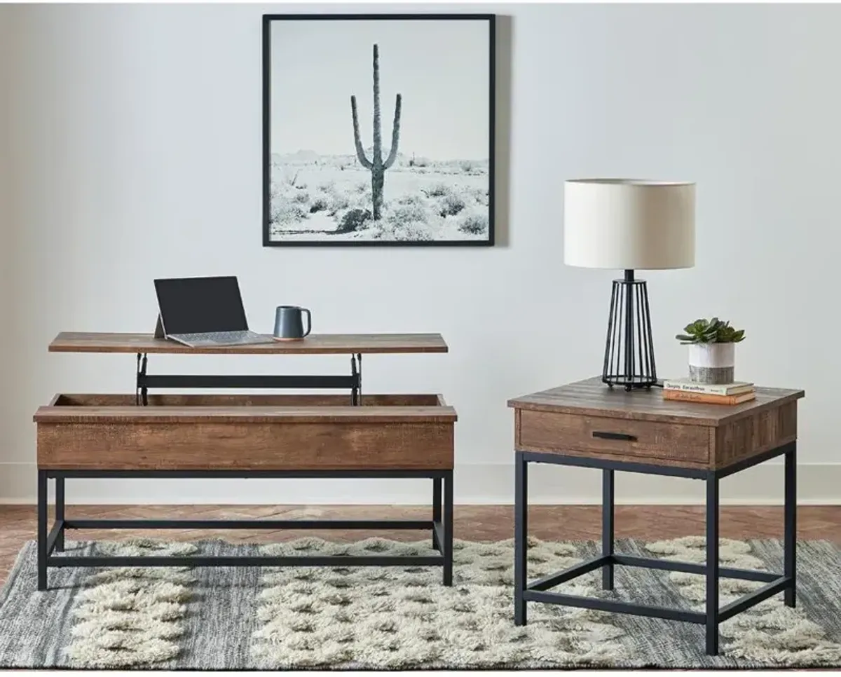 Byers Square 1-drawer End Table Brown Oak and Sandy Black