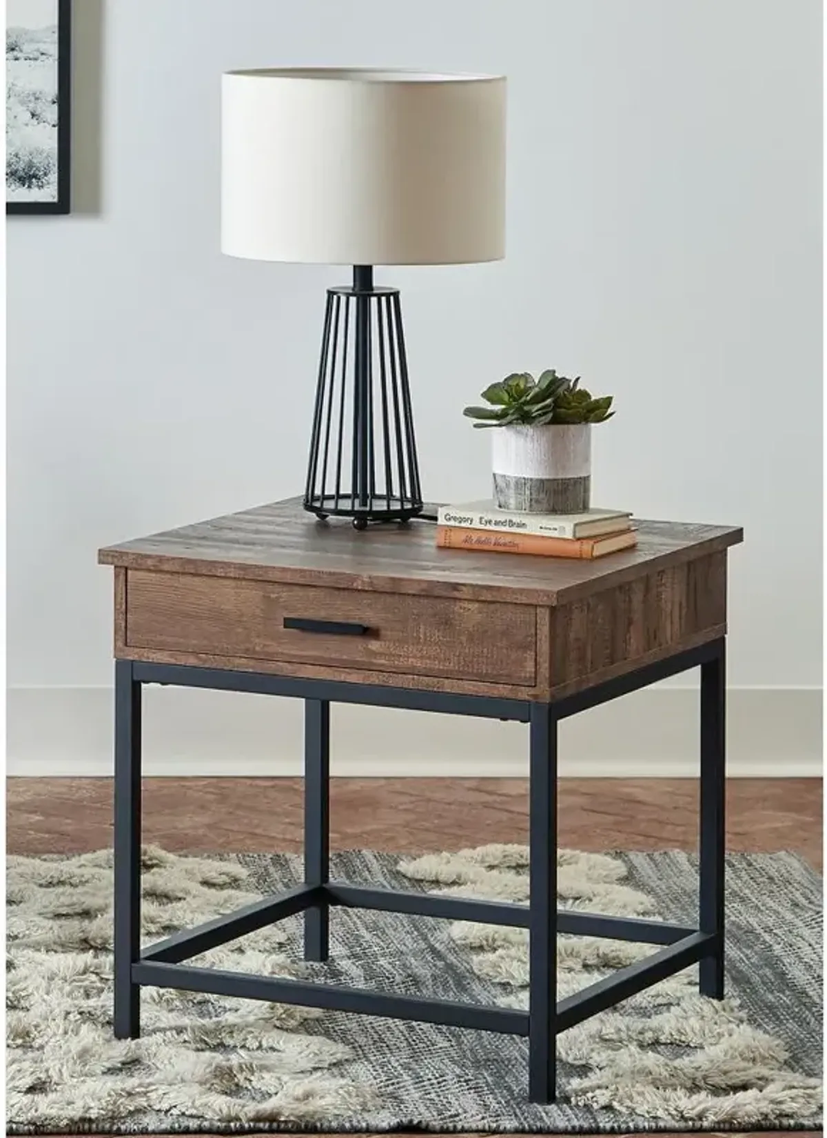 Byers Square 1-drawer End Table Brown Oak and Sandy Black