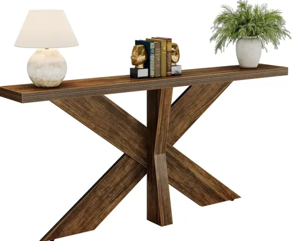 70.9 Inches Long Sofa Table Behind Couch, Farmhouse Console Entry Table with Wooden Geometric Base for Entryway, Living Room, Brown