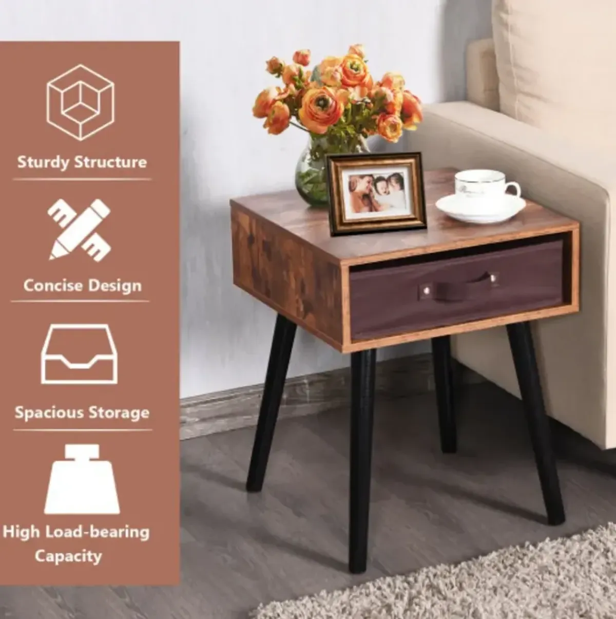 Mid-Century End Accent Bedside Table-Brown