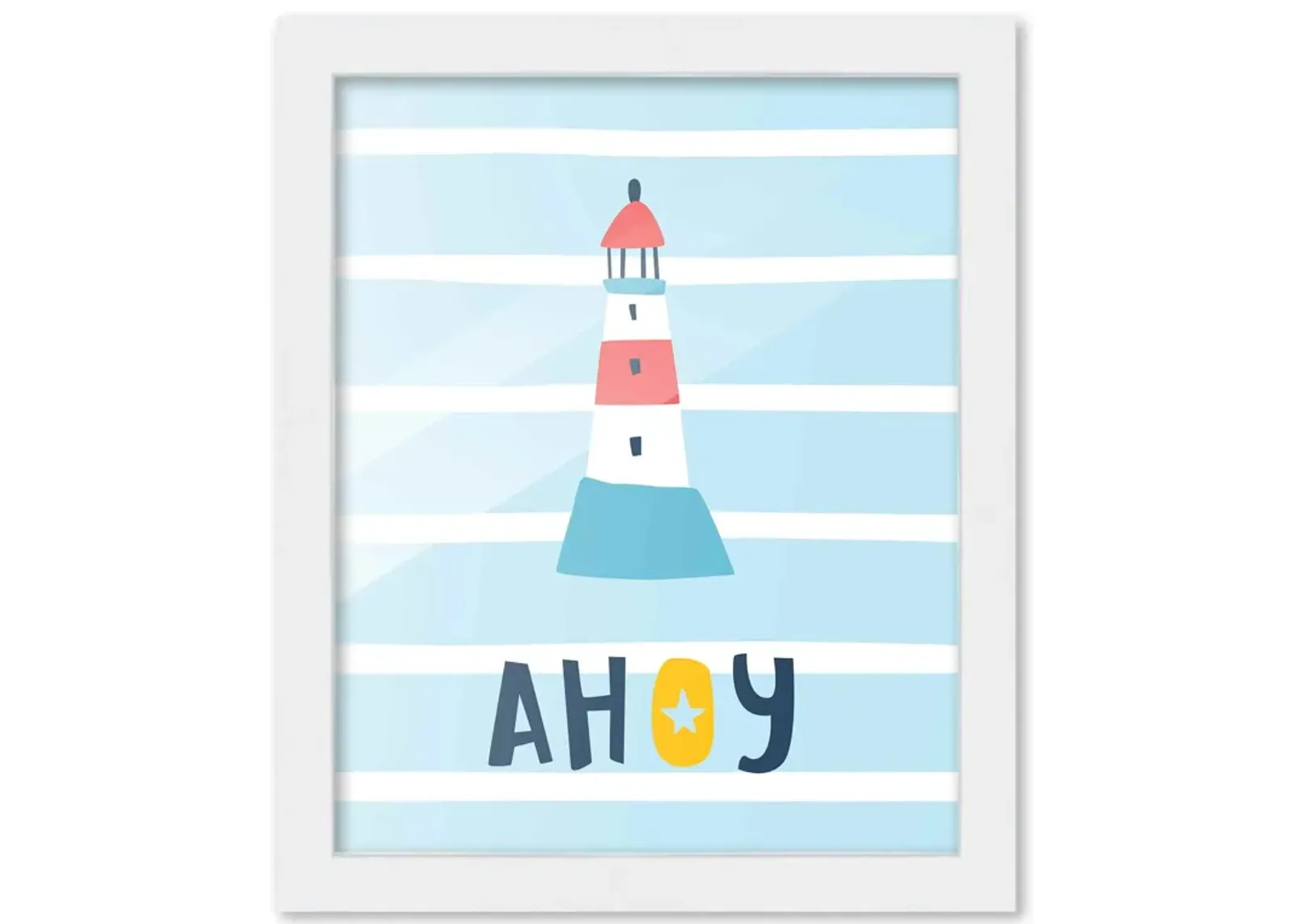 8x10 Framed Nursery Wall Art Nautical Ahoy Lighthouse Poster in White Wood Frame For Kid Bedroom or Playroom