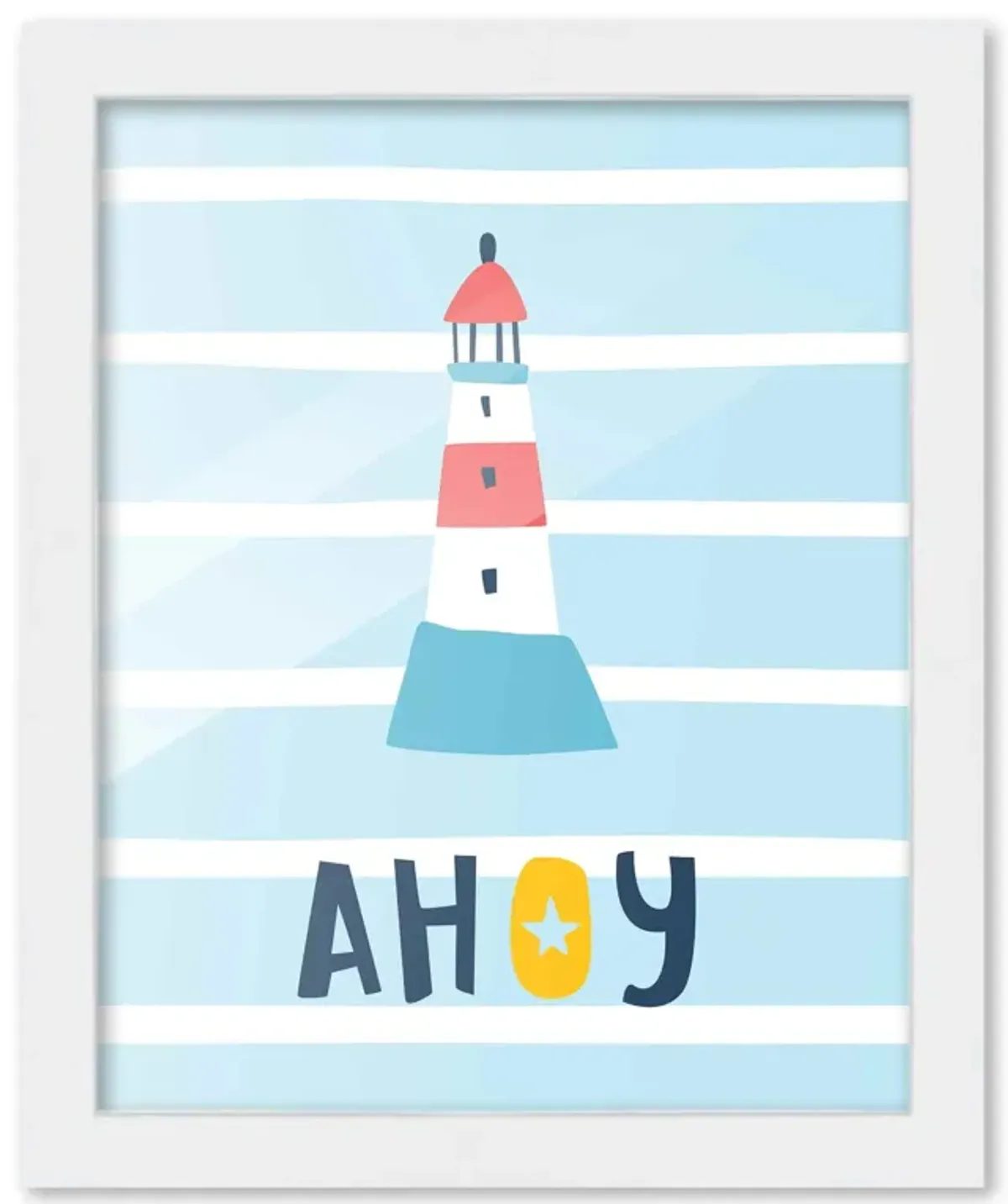 8x10 Framed Nursery Wall Art Nautical Ahoy Lighthouse Poster in White Wood Frame For Kid Bedroom or Playroom