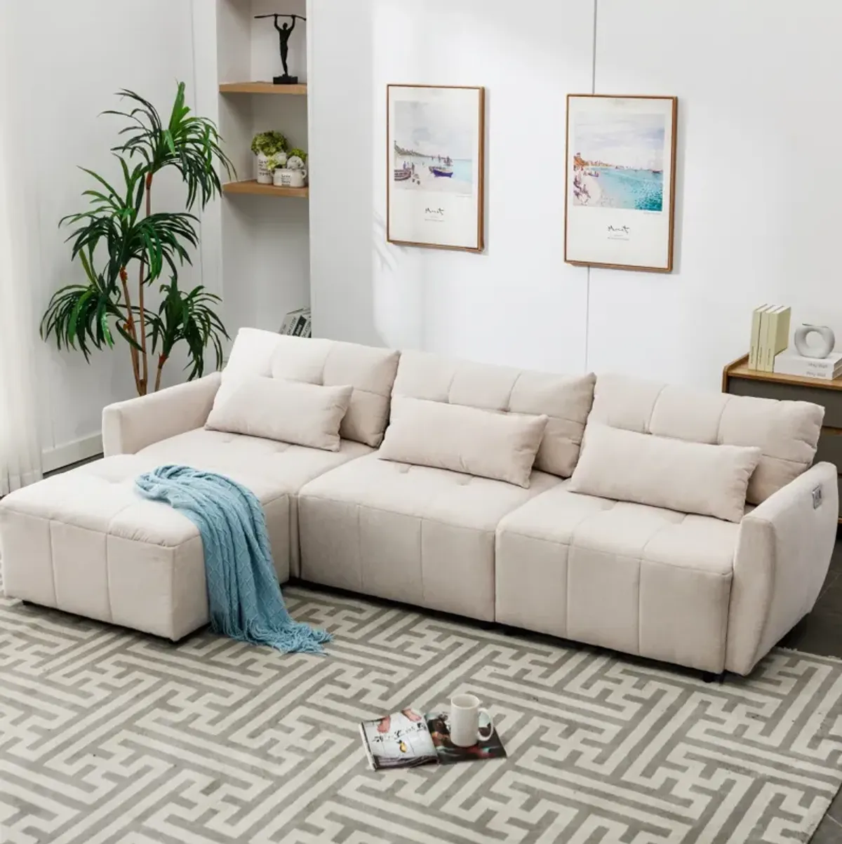 3-Seat Convertible L-Shaped Sofa with Movable Ottoman