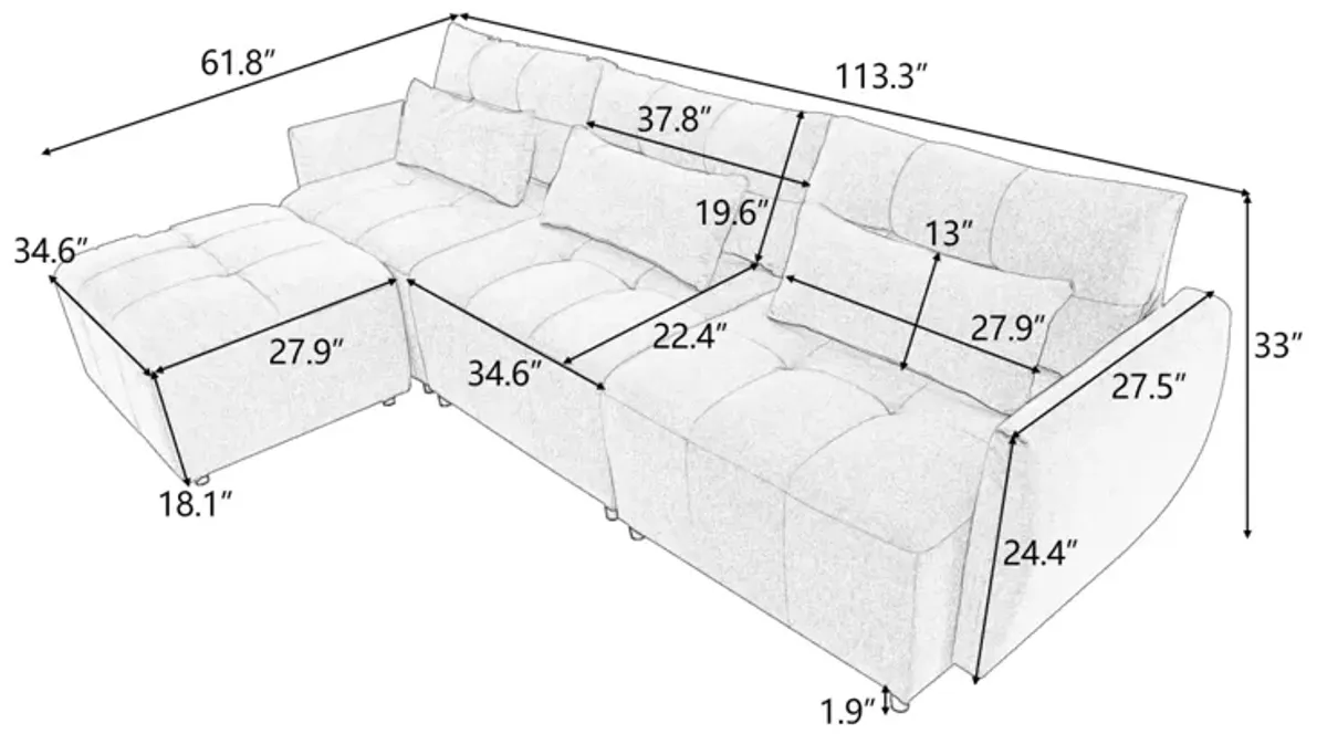 3-Seat Convertible L-Shaped Sofa with Movable Ottoman