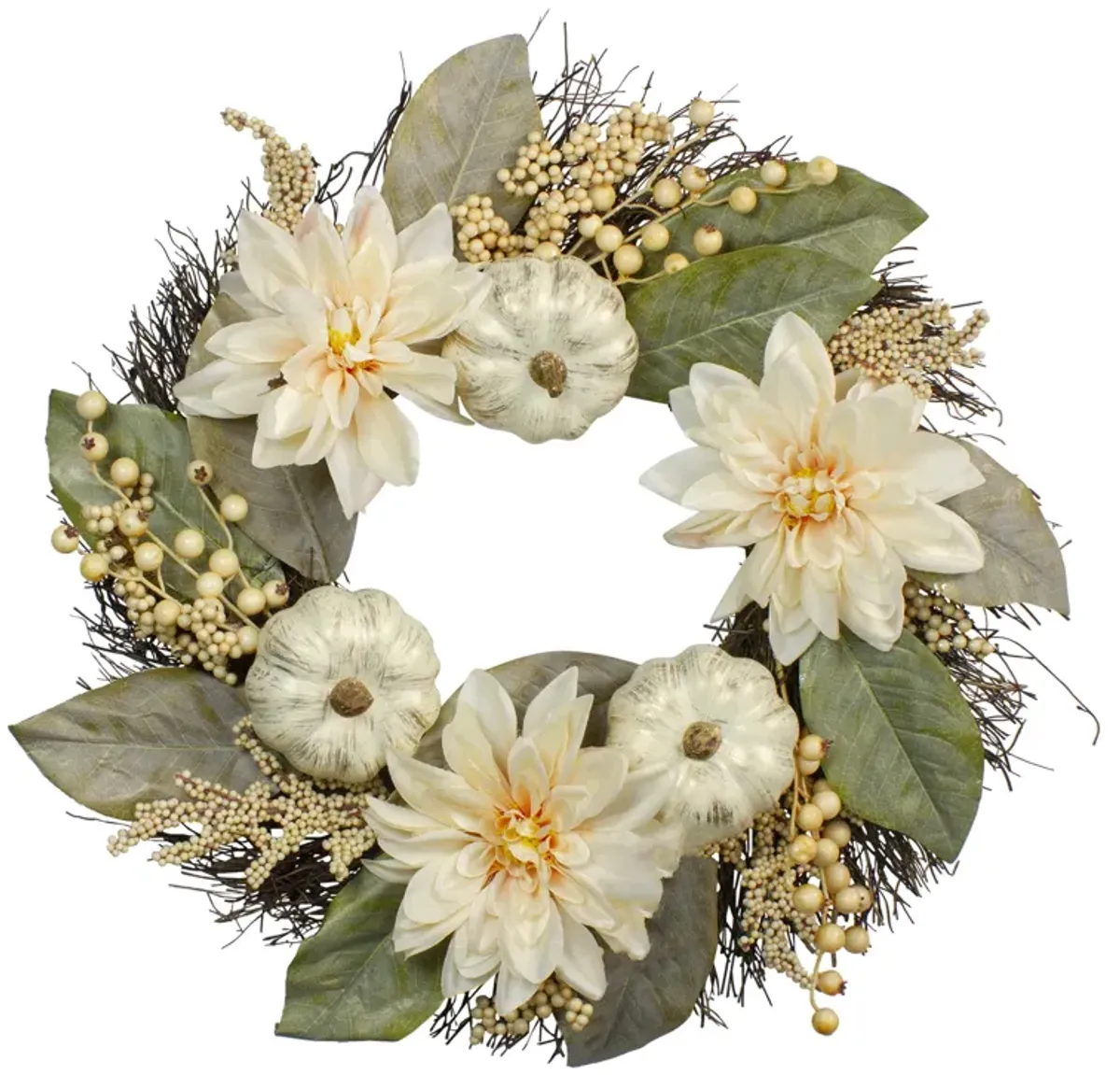 Dahlia and Pumpkin Fall Artificial Floral Wreath  22-Inch