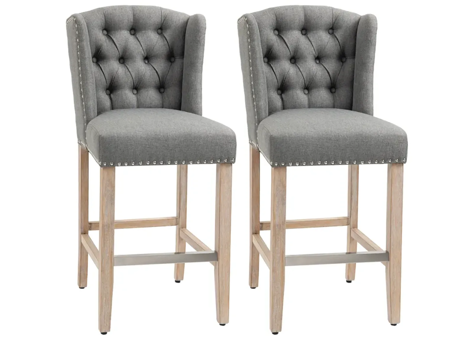 Counter Height Bar Stools Set of 2, Upholstered 26.75" Seat Height Barstools, Breakfast Chairs with Nailhead-Trim, Tufted Back and Wood Legs