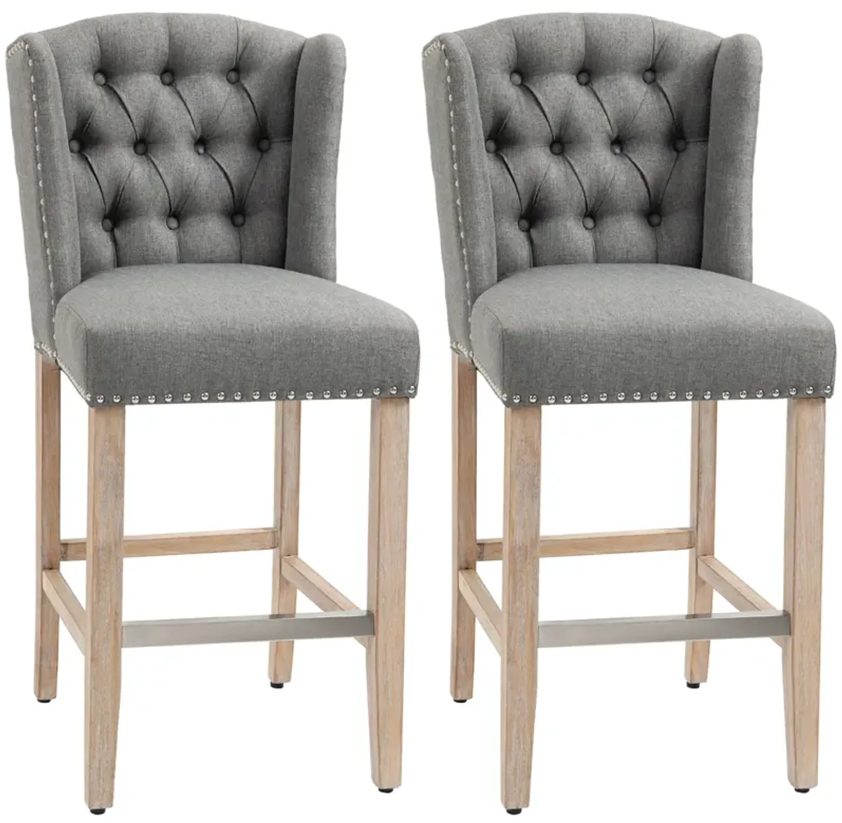 Counter Height Bar Stools Set of 2, Upholstered 26.75" Seat Height Barstools, Breakfast Chairs with Nailhead-Trim, Tufted Back and Wood Legs