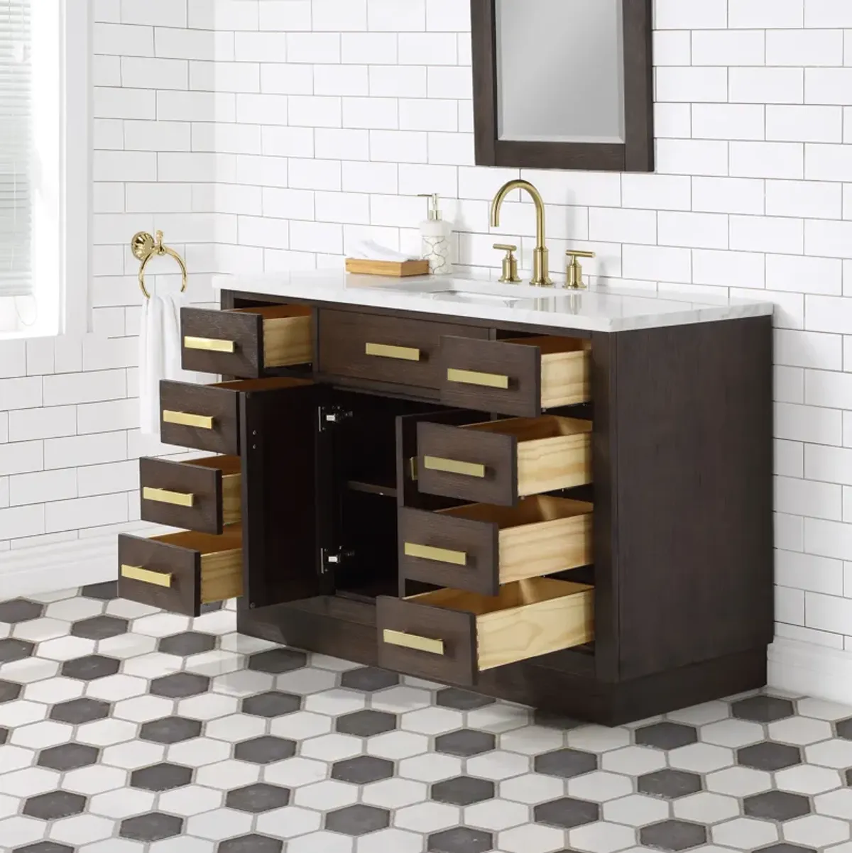 Chestnut 48 In. Single Sink Carrara White Marble Countertop Bath Vanity In Brown Oak with Satin Gold Hardware and Rectangular Mirror (S)