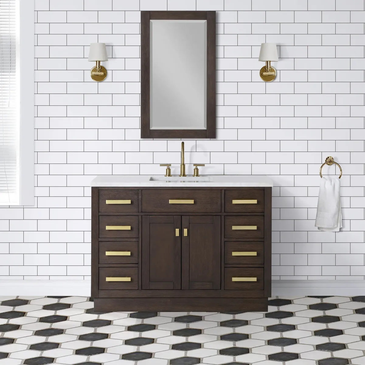 Chestnut 48 In. Single Sink Carrara White Marble Countertop Bath Vanity In Brown Oak with Satin Gold Hardware and Rectangular Mirror (S)