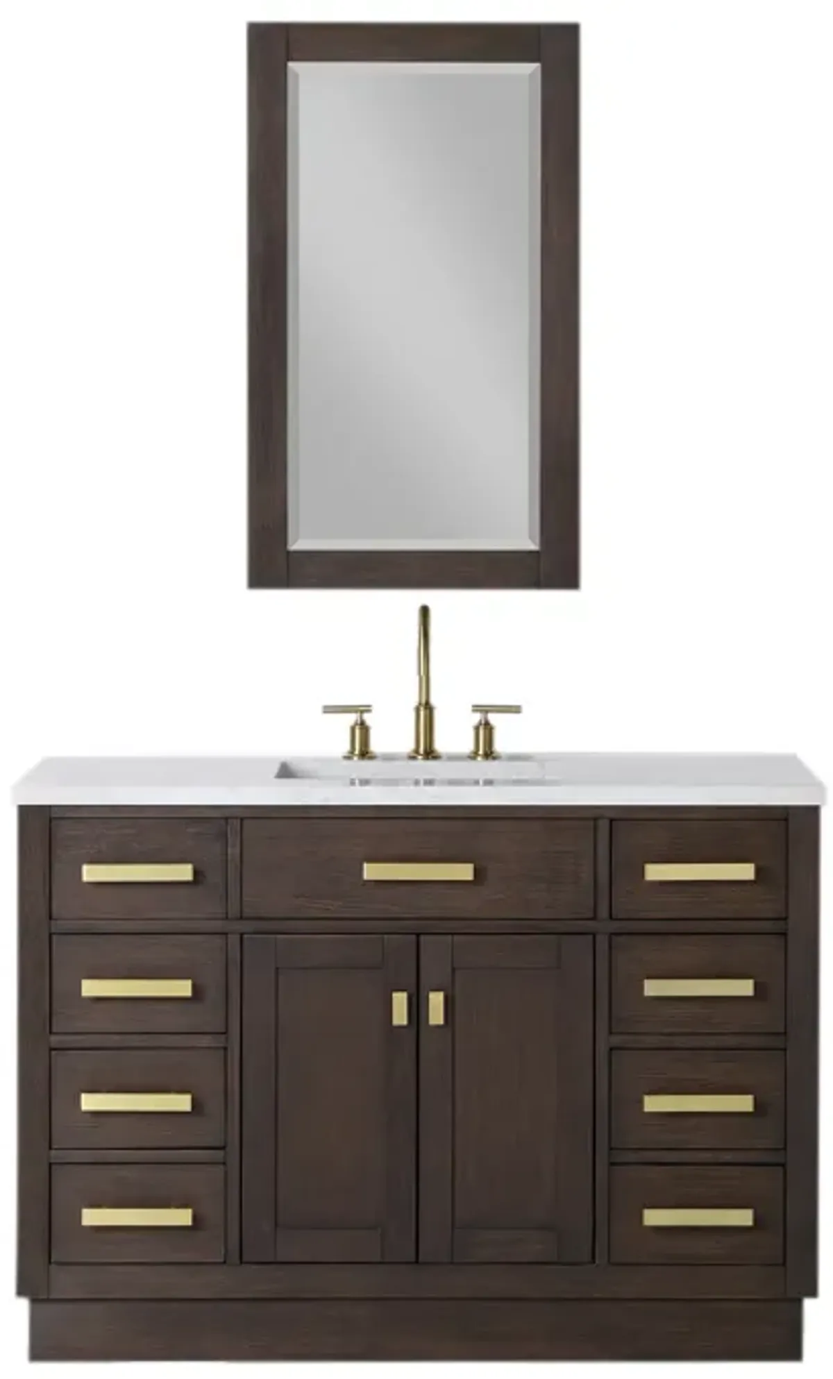 Chestnut 48 In. Single Sink Carrara White Marble Countertop Bath Vanity In Brown Oak with Satin Gold Hardware and Rectangular Mirror (S)