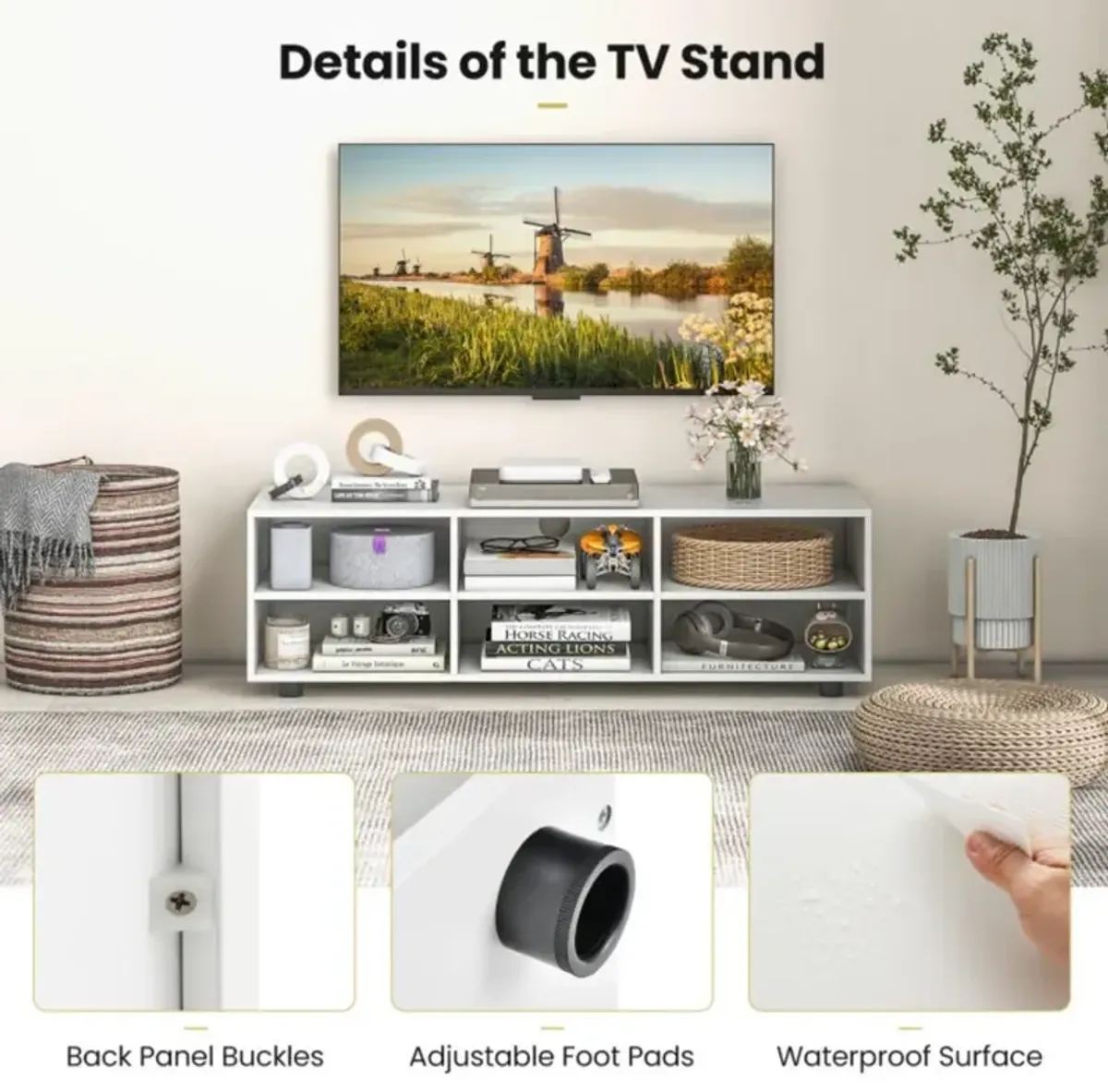 Hivvago TV Stand for TV up to 55 Inch with 6 Storage Compartments-White