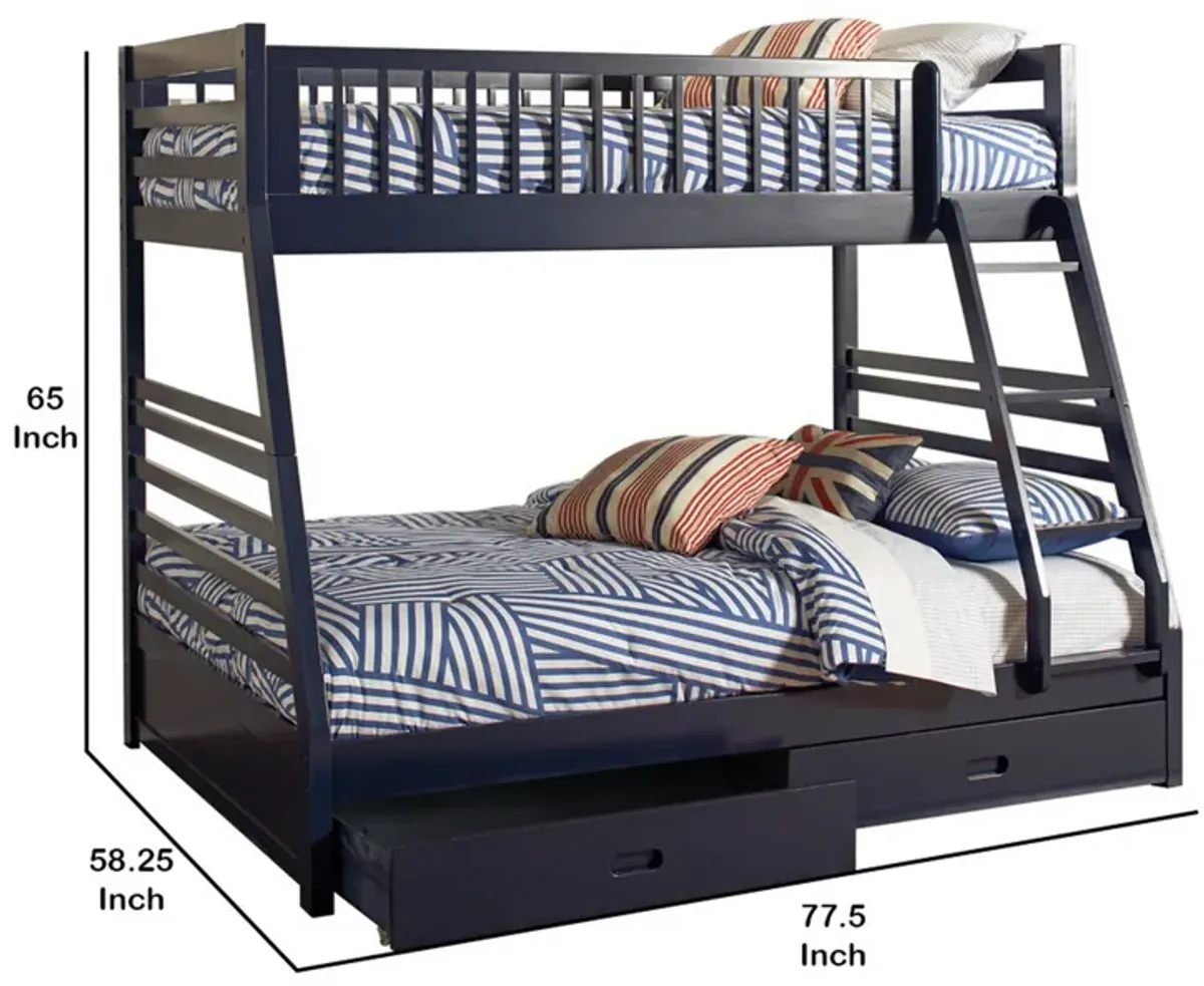 Wooden Twin Over Full Bunk Bed with Wheel Supported Bottom Drawers, Blue-Benzara