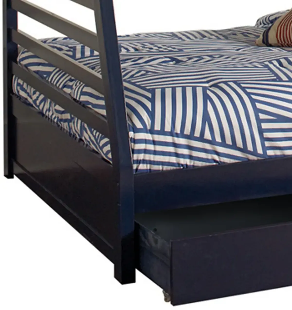 Wooden Twin Over Full Bunk Bed with Wheel Supported Bottom Drawers, Blue-Benzara