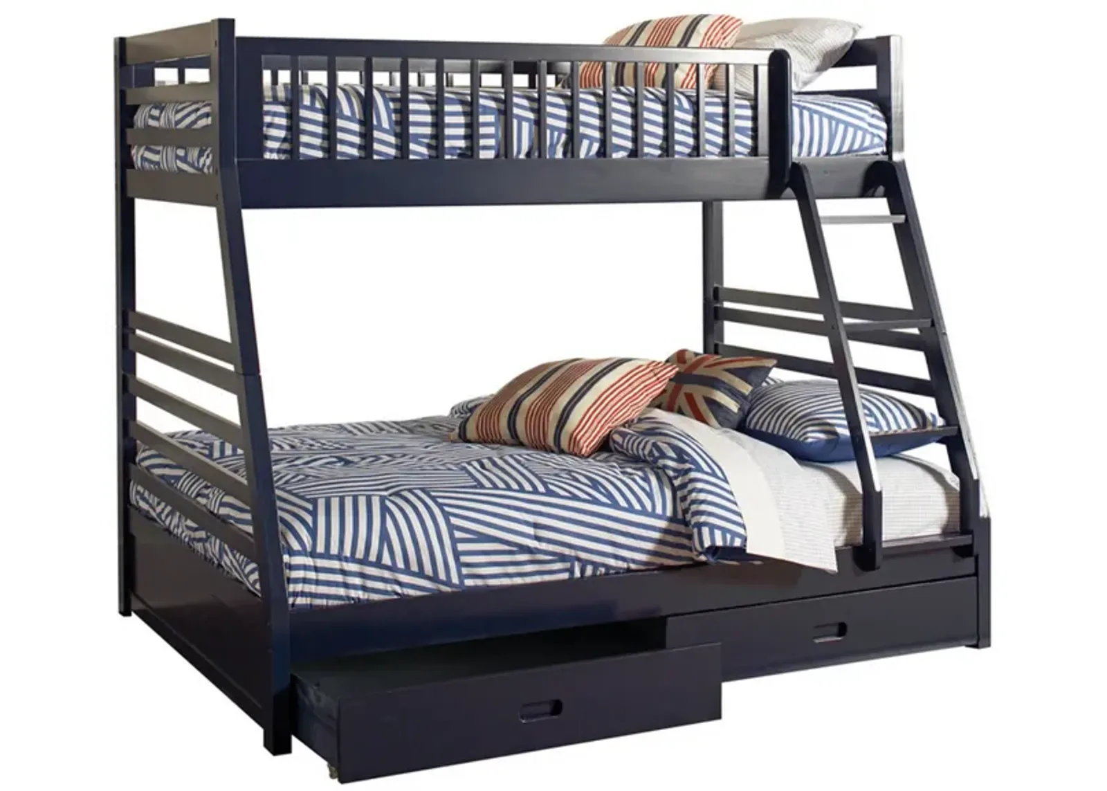 Wooden Twin Over Full Bunk Bed with Wheel Supported Bottom Drawers, Blue-Benzara