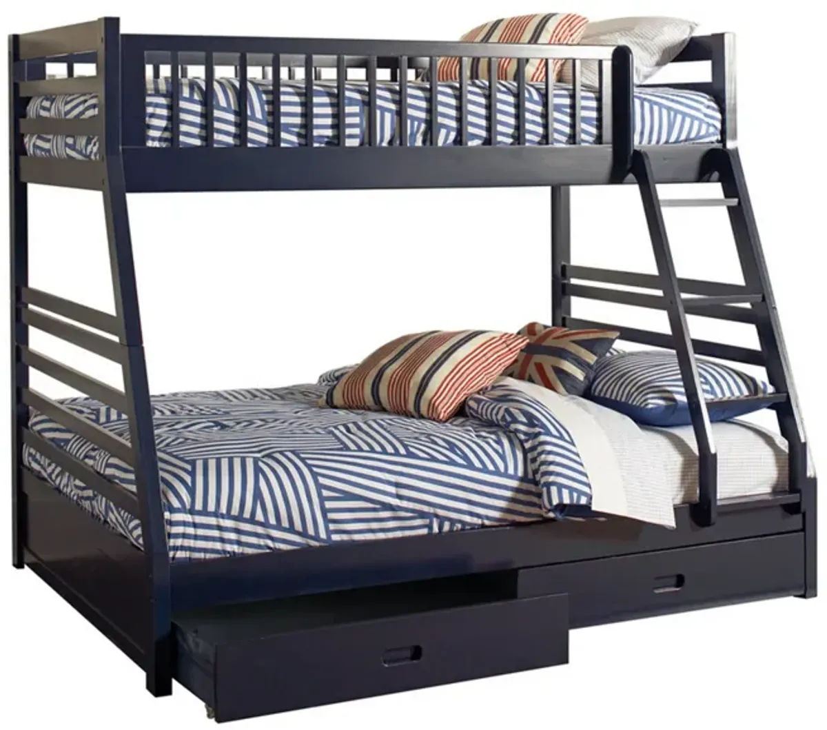 Wooden Twin Over Full Bunk Bed with Wheel Supported Bottom Drawers, Blue-Benzara