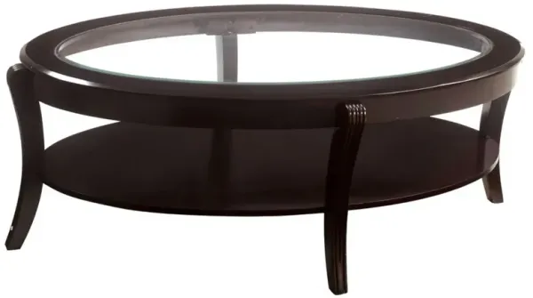 Oval Wooden Cocktail Table with Glass Insert and Open Shelf, Espresso Brown-Benzara