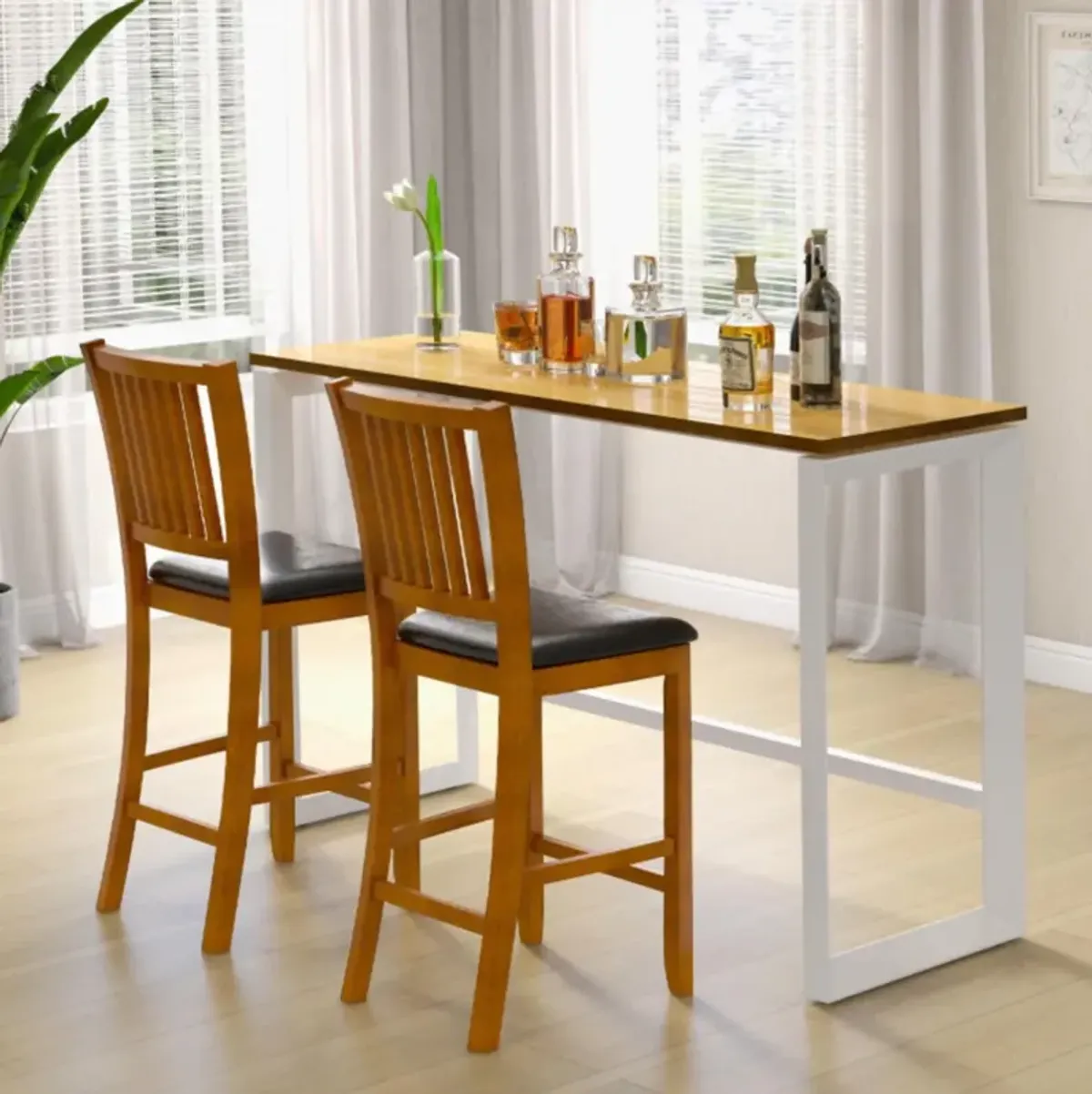 Hivvago 2-Piece Bar Chair Set Counter Height Bar Stool with Backrest-Walnut
