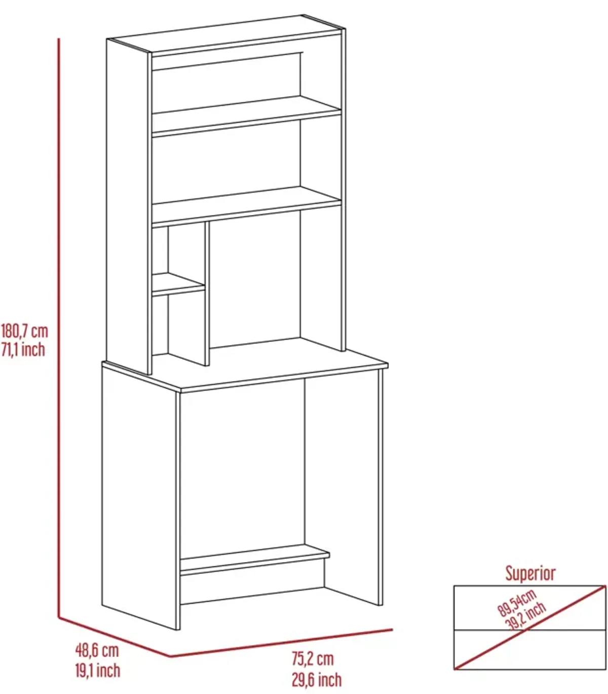 Compu Hutch Desk, Four Shelves, Writing Desk, One Lower Shelf - Black