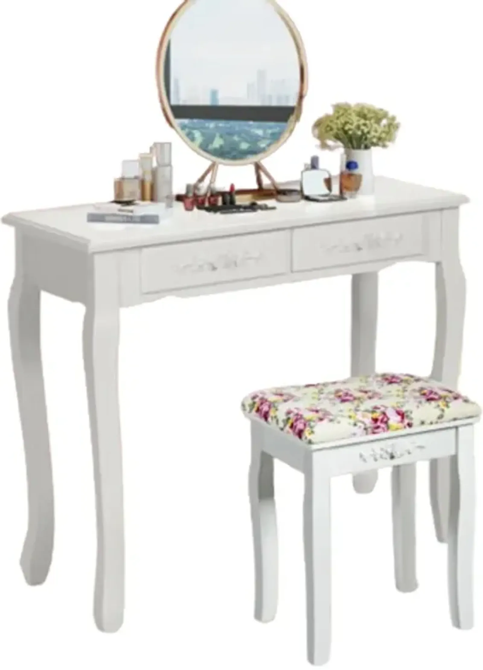 Vanity Wood Dressing Stool Padded Piano Seat with Rose Cushion