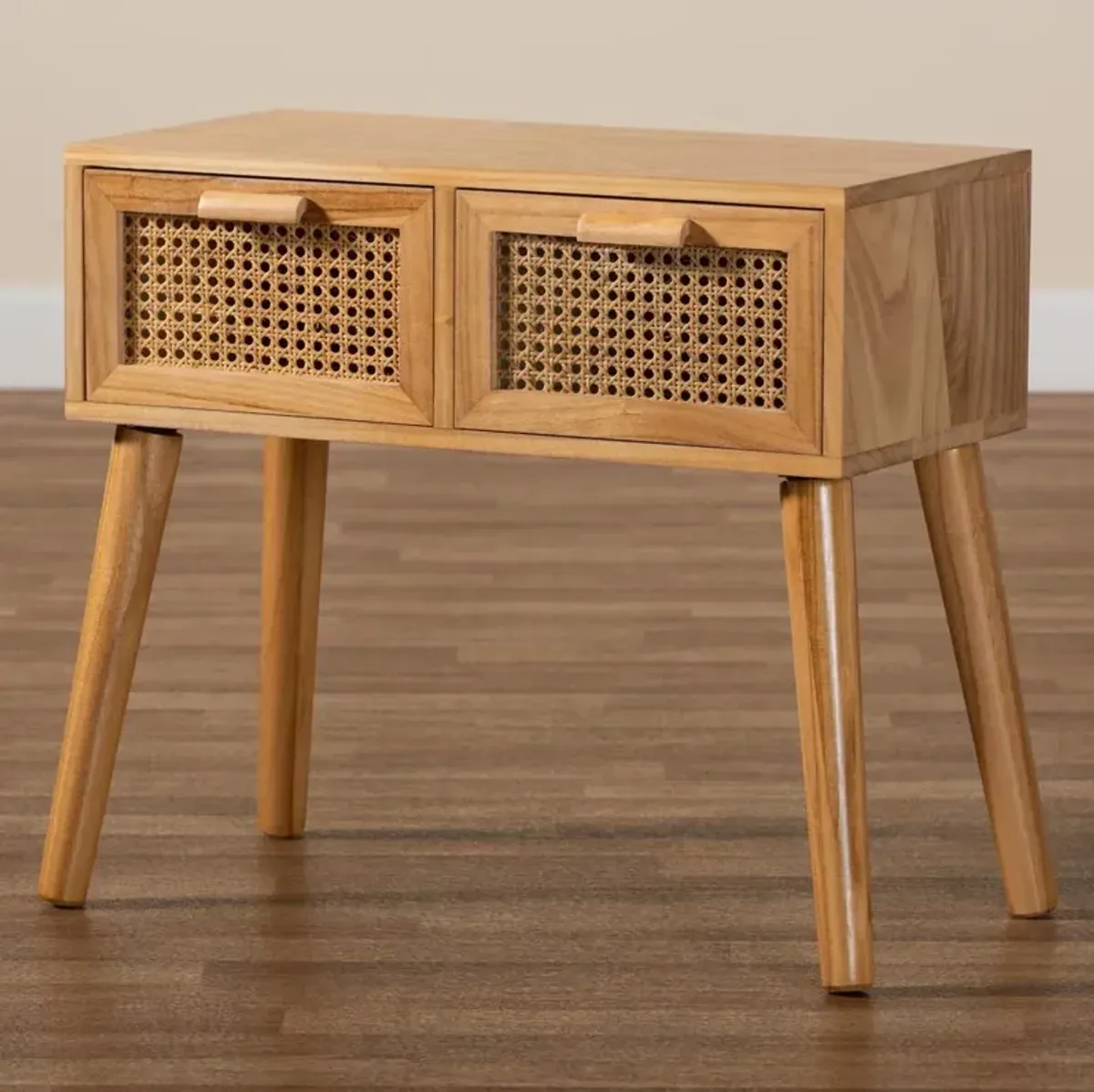 Oak Brown Finished Wood 2-Drawer Console Table with Rattan