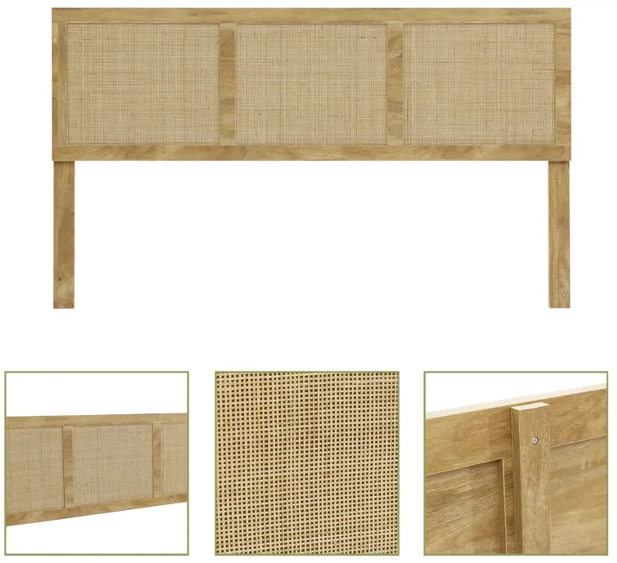 LuxenHome Oak Finish Manufactured Wood with Natural Rattan Panels Headboard, King